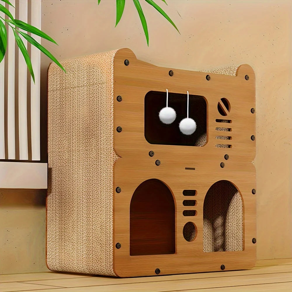 Wooden Cat Scratcher House with Cardboard Lounge Bed