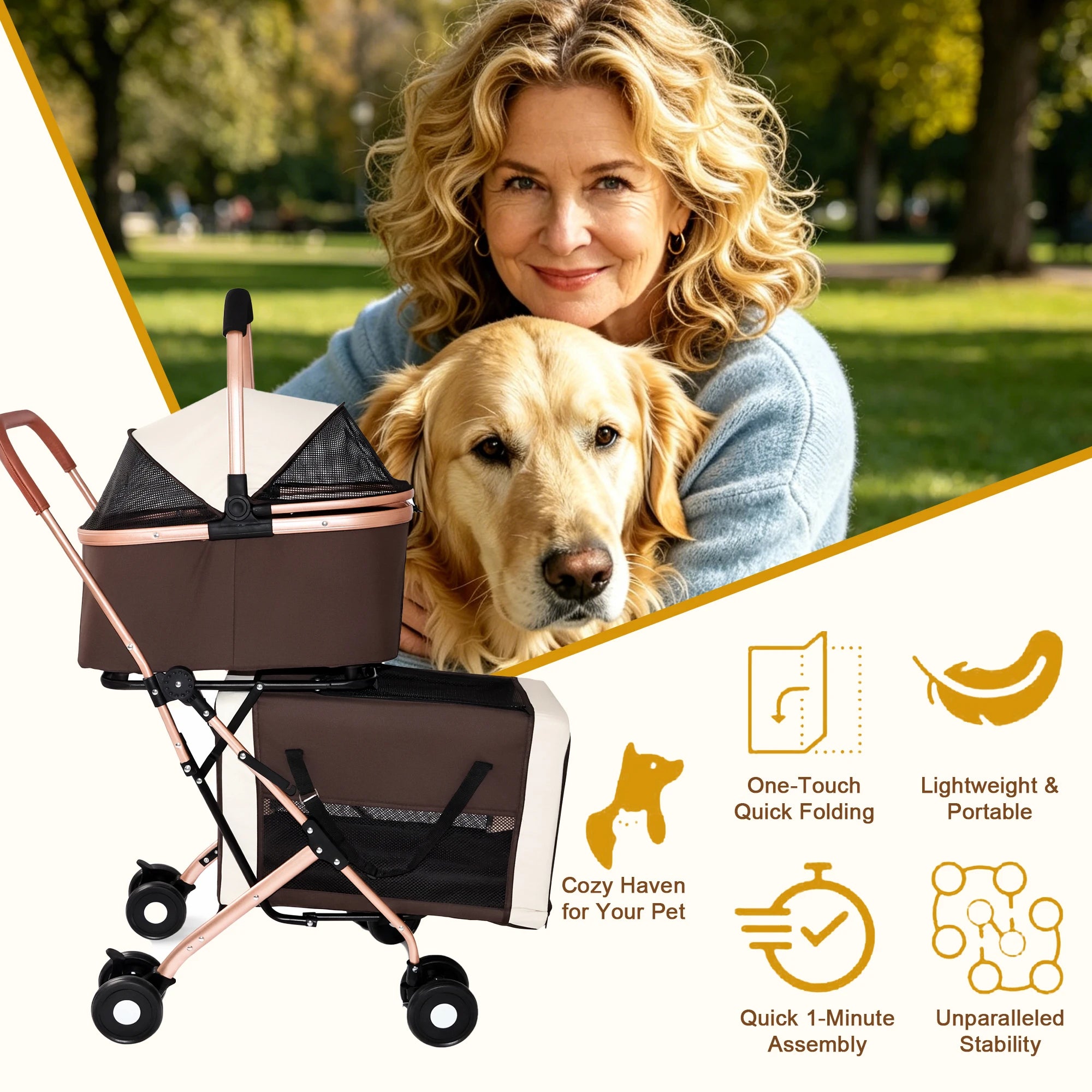 Double Pet Stroller for Dogs & Cats — Foldable 3-in-1 Convertible Carrier with Shockproof Wheels & Brake