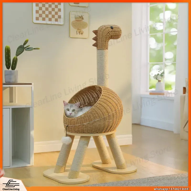 Dinosaur Rattan Cat Tree with Sisal Scratching Post