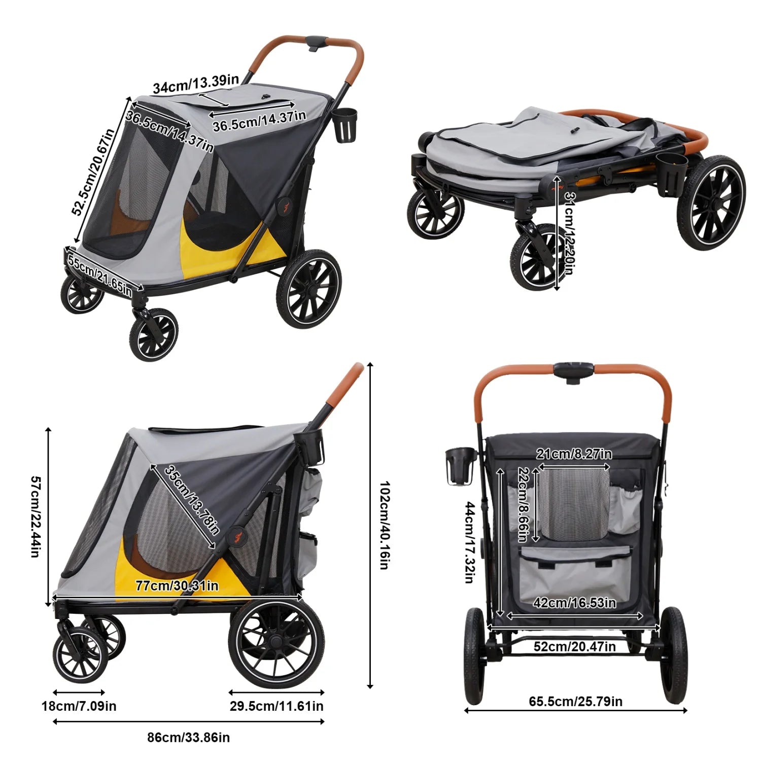 One-Click Folding 4-Wheel Jogger Wagon Stroller for Large Dogs with Storage Pockets