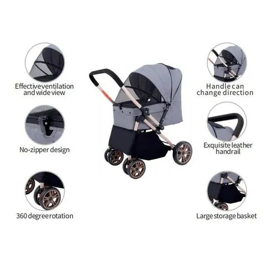 Foldable Pet Stroller Cart with Changeable Handle Configuration for Cats