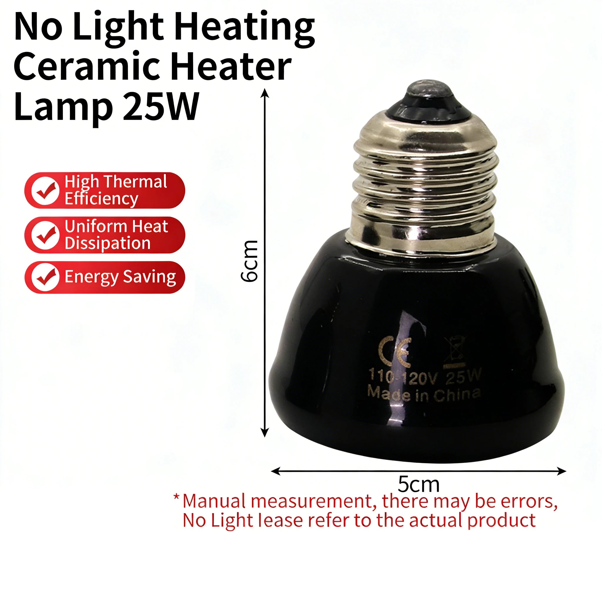 Ceramic Infrared Heat Lamp — No-Light Nighttime Heat for Lizards & Snakes, 25W-100W