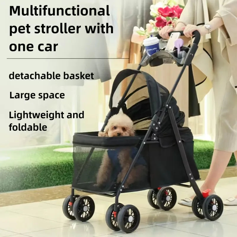 4-Wheel Foldable Pet Stroller Trolley with Cage & Cup Holder for Dogs & Cats — Outdoor Carrier