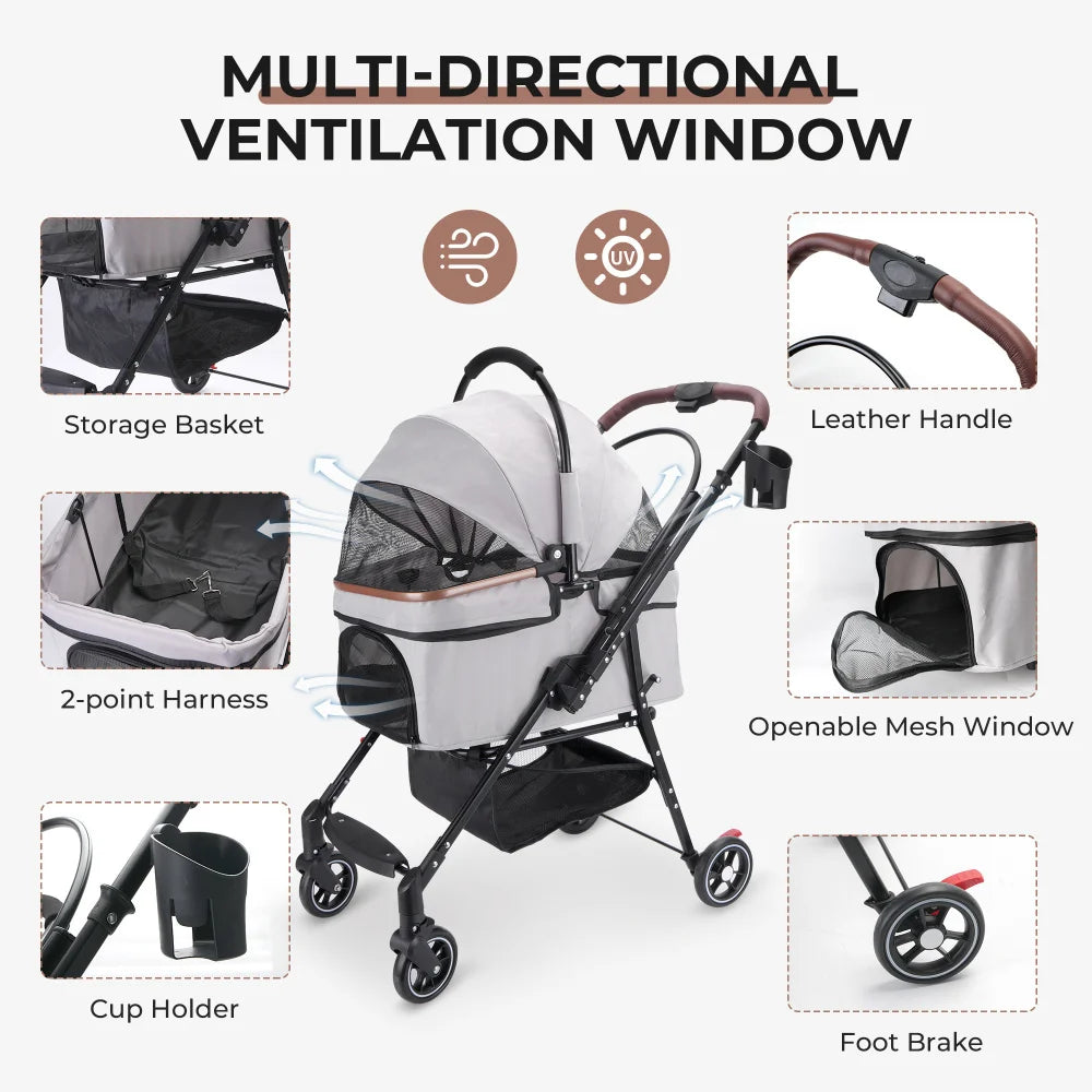 4-Wheel Pet Stroller with 360-Degree Rotating Wheels & Separable Carrier for Dogs & Cats