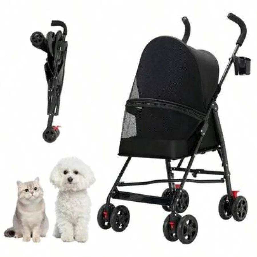 4-Wheel Foldable Pet Stroller with Cup Holder for Puppies & Cats up to 15 lbs