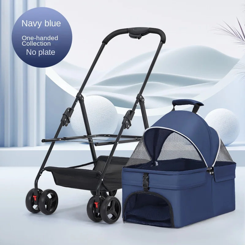 Ultra-Breathable Mesh One-Hand Folding Pet Stroller with Dual Zippered Doors & Detachable Carrier for Dogs & Cats