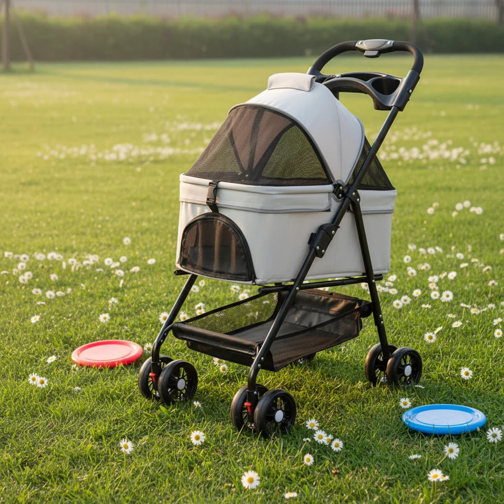 Foldable 4-Wheel Eco-Friendly All-Season Pet Stroller with Oxford & Metal Frame — Up to 37 lbs