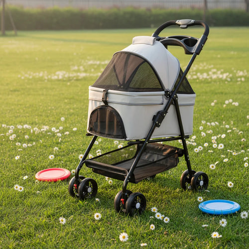Foldable 4-Wheel Lightweight Eco-Friendly All-Season Pet Stroller Oxford Metal Frame Portable For Small Medium Pets 17kg Maximum