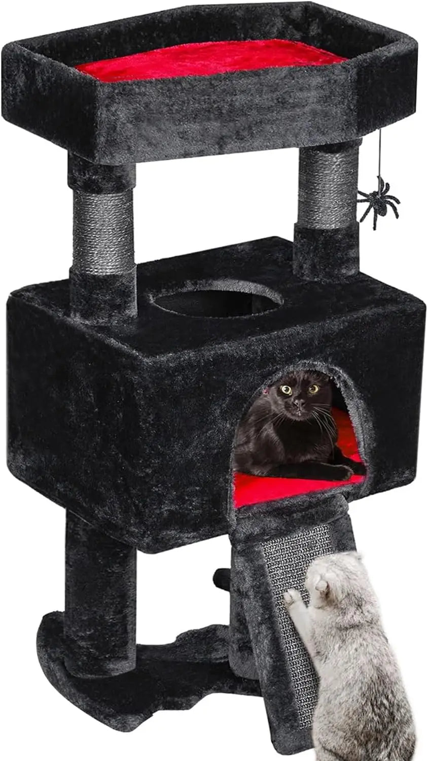 Gothic Cat Tree Tower with Coffin Bed, 33.6in, Black & Red