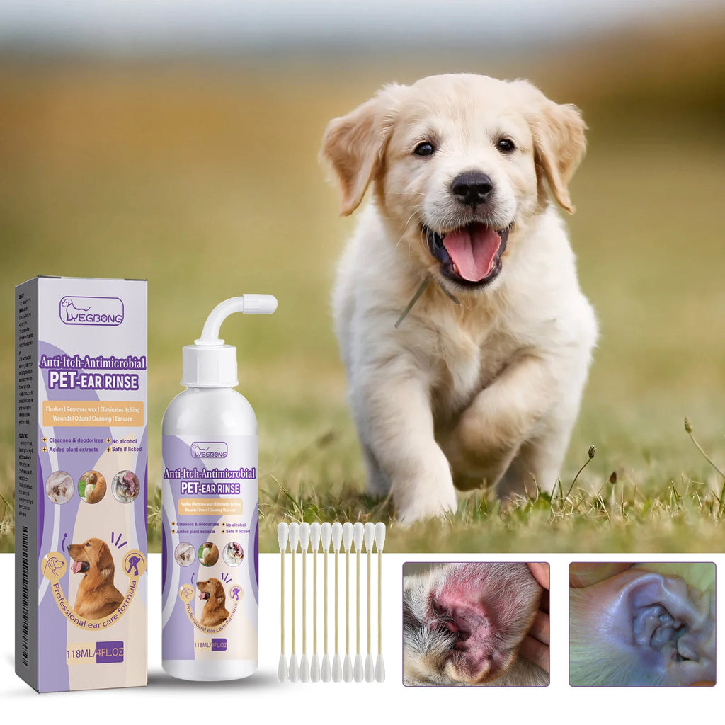 Pet Ear Cleaner Drops — Infection & Mite Control, 118ml with Cotton Swabs