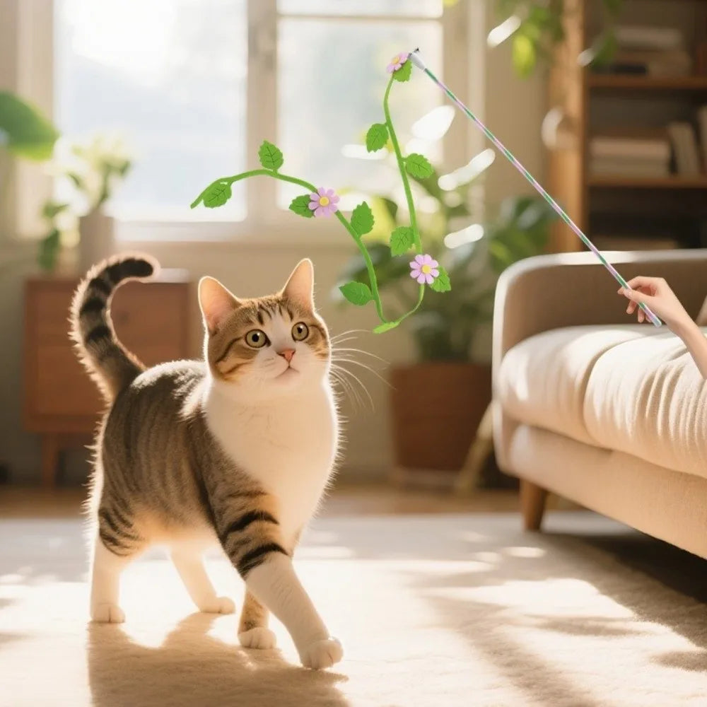 Felt Flower & Leaf Teaser Wand — Gentle Long Play Stick for Kittens