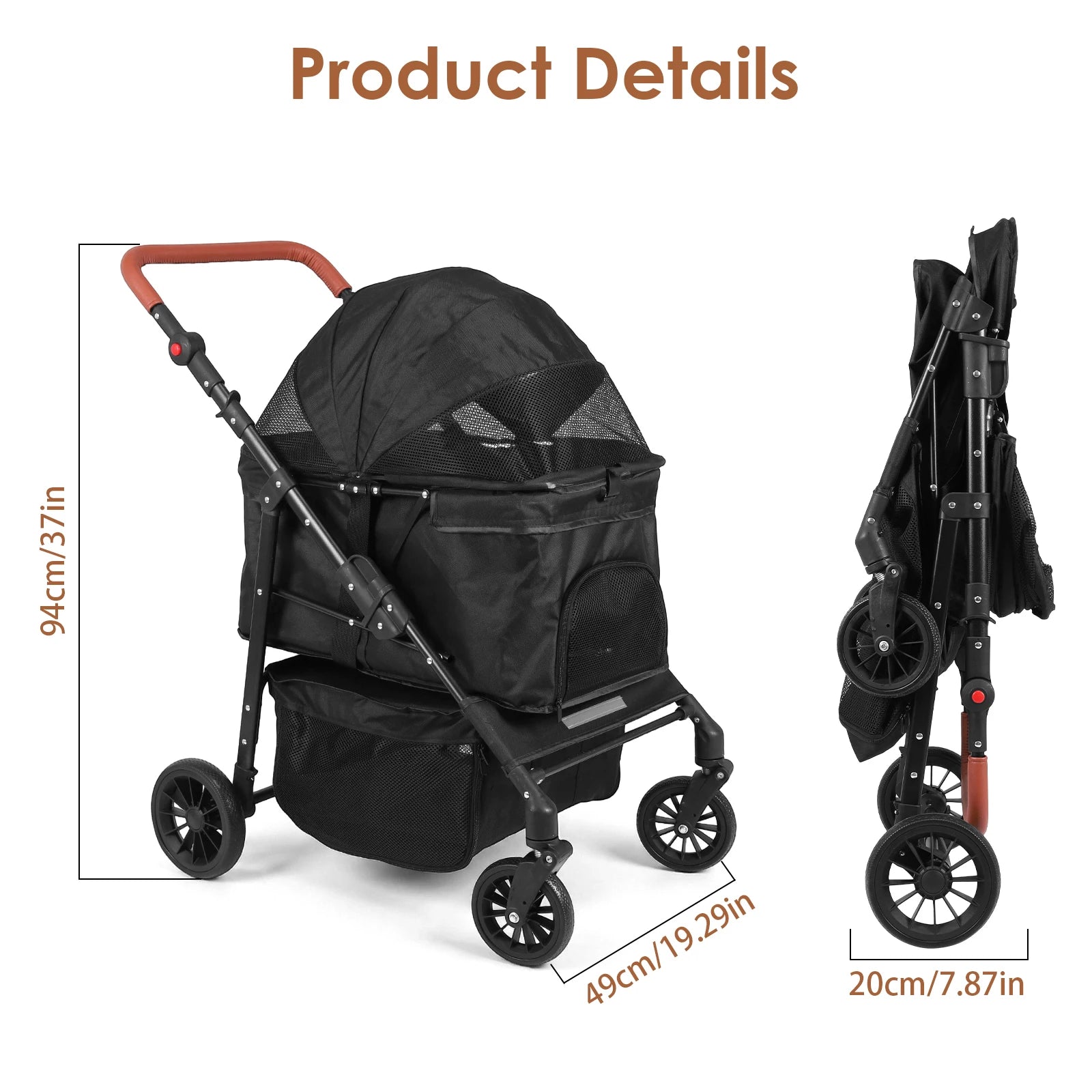 Foldable Pet Jogger Stroller with Reflective Strip & Adjustable Handle — Max 33 lbs