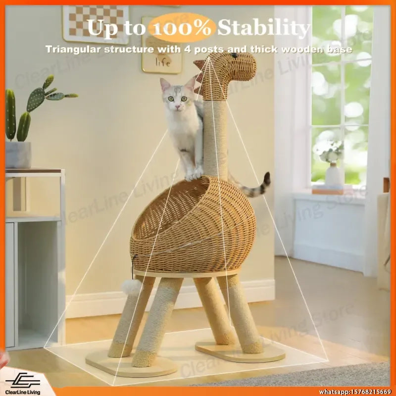Dinosaur Rattan Cat Tree with Sisal Scratching Post