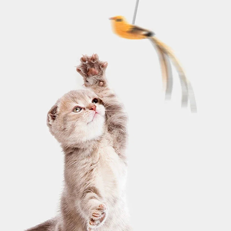 Bird Feather Cat Teaser Wand — Suction-Mount, Flexible Steel Wire