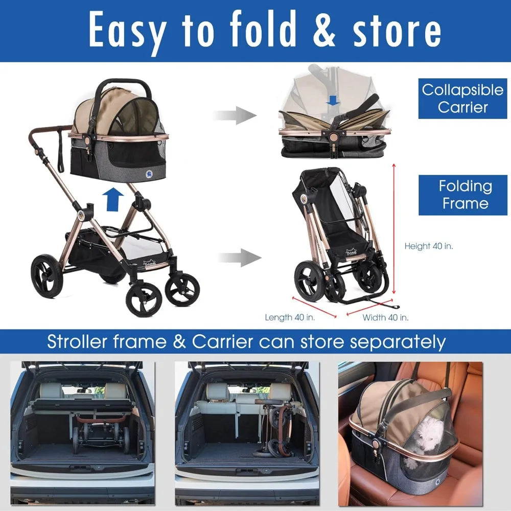 Pet Rover Prime 3-in-1 Luxury Dog & Cat Stroller — Travel Carrier, Car Seat & Stroller with Detachable Carrier