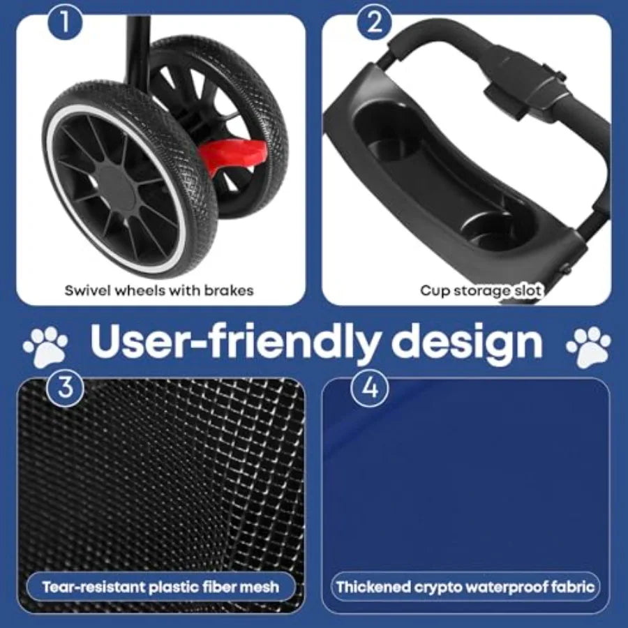 3-Wheel Foldable Pet Stroller with Breathable Mesh Canopy & Cup Holders for Small & Medium Dogs & Cats