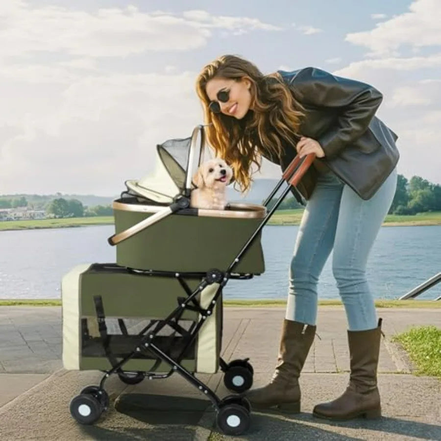 Carriage-Style Double Pet Stroller with Detachable Carriers & 4-Lock System