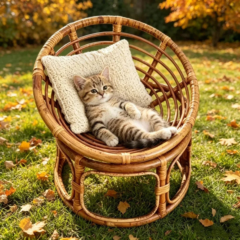 Elevated Round Rattan Cat Bed Chair with Photo Prop Design
