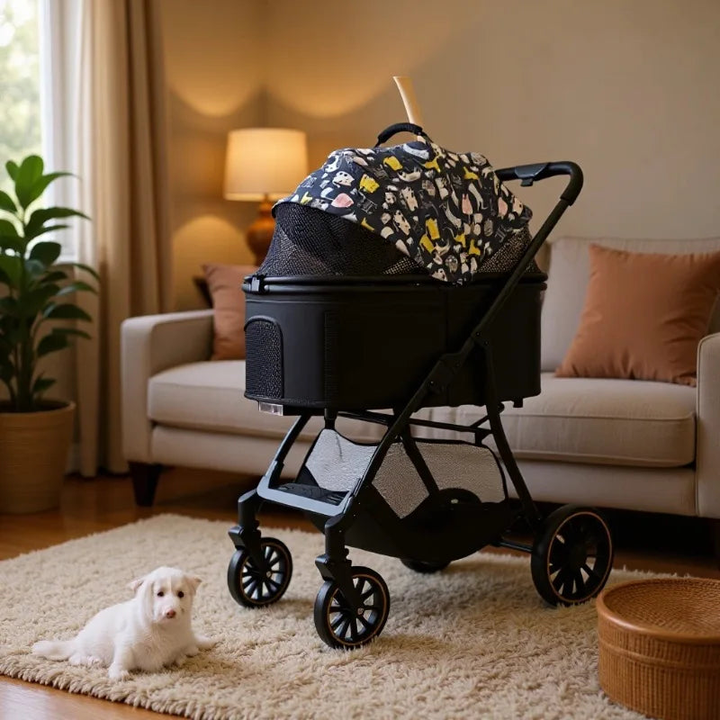 One-Click Foldable Pet Stroller with Mesh Breathable Window for Small & Medium Dogs & Cats — Portable Travel Cart