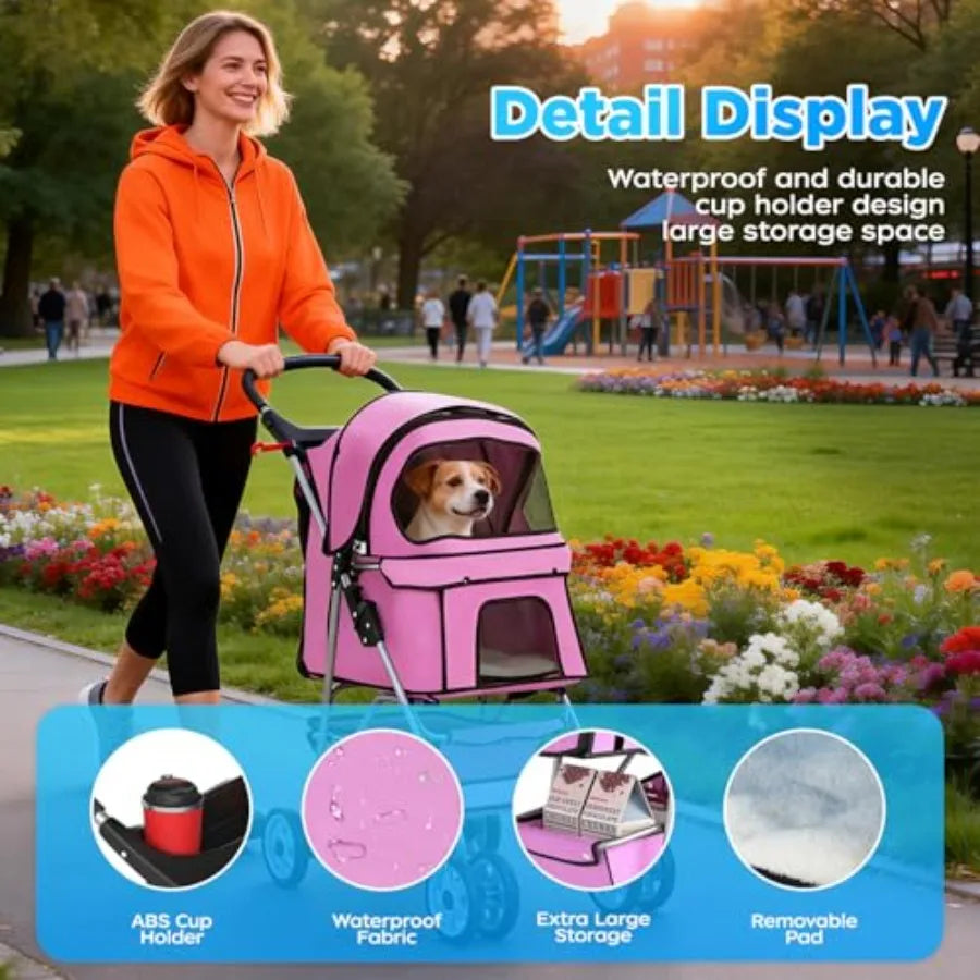 4-Wheel Foldable Lightweight Pet Stroller with Cup Holder for Small & Medium Dogs & Cats
