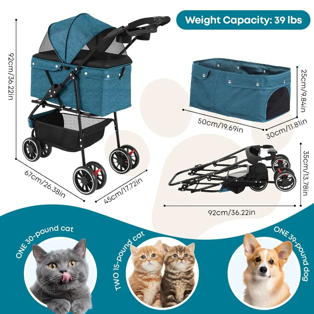 3-Wheel Foldable Pet Stroller for Small & Medium Dogs & Cats with Mesh Canopy & Cup Holders