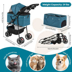 3-Wheel Foldable Pet Stroller for Small & Medium Dogs & Cats with Mesh Canopy & Cup Holders