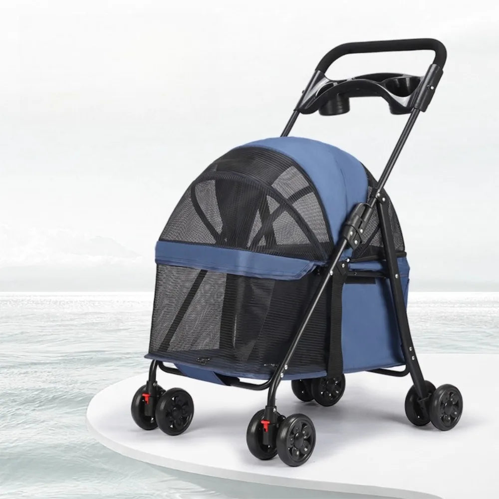 Foldable 4-Wheel Pet Pushchair Stroller with Mesh & Cup Holder for Dogs & Cats
