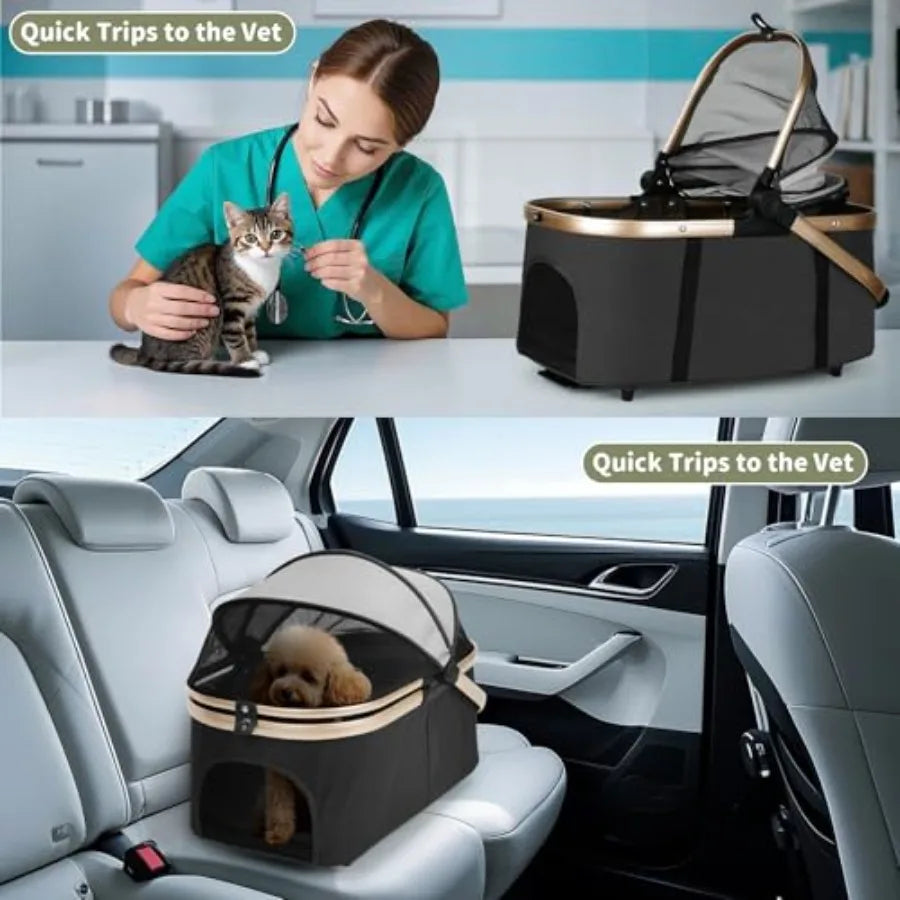 Double Pet Stroller with 2 Detachable Carriers, Safety Belts & 4 Lockable Wheels — Foldable Travel Carriage