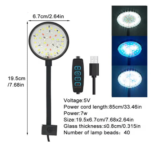USB LED Aquarium Clip Lamp (5V, 5W/7W, Flexible Neck, Fish Tank Light)