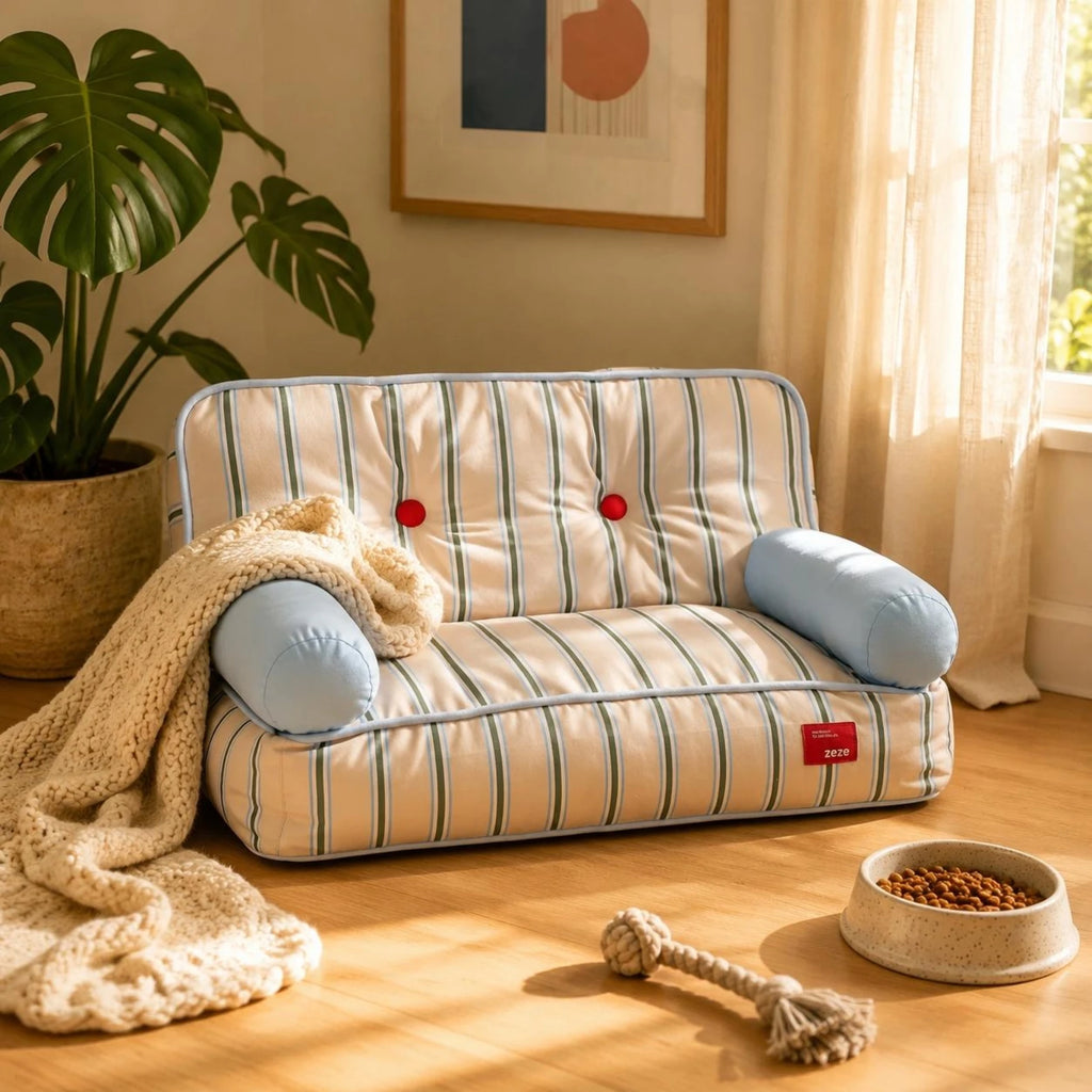 Striped Light Blue Padded Pet Sofa Bed