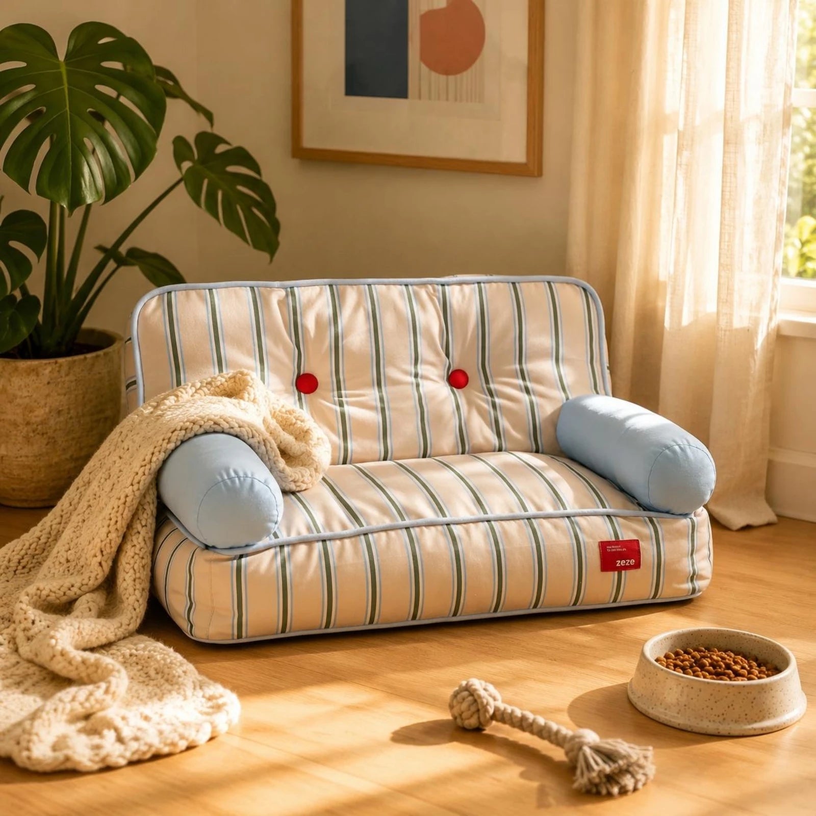 Striped Light Blue Padded Pet Sofa Bed