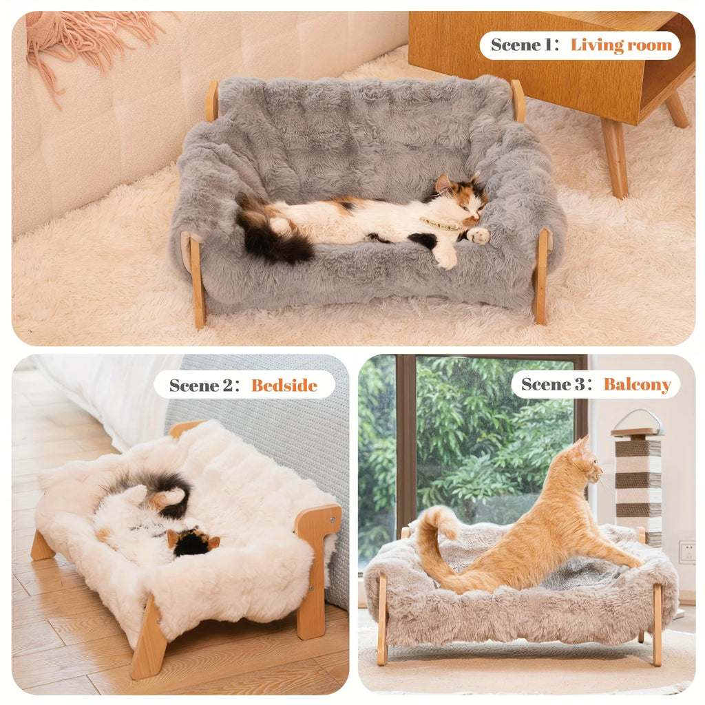 Raised Solid Wood Pet Couch Bed for Cats & Small Dogs