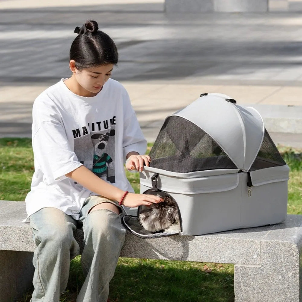 4-Wheel Foldable Dog & Cat Stroller with Cup Holder & Detachable Carrier