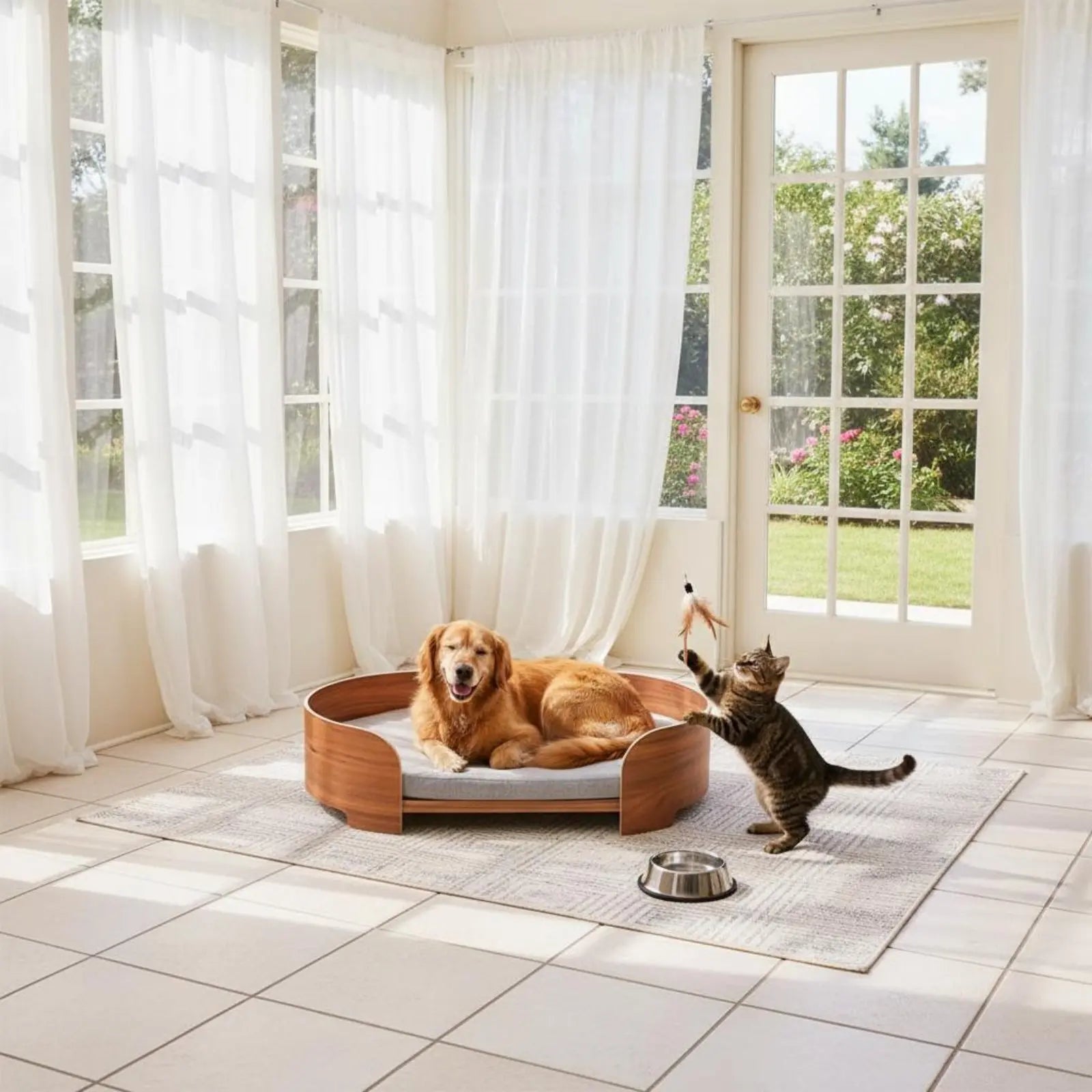 Oval Wooden Pet Sofa Bed with Removable Cover, All-Season