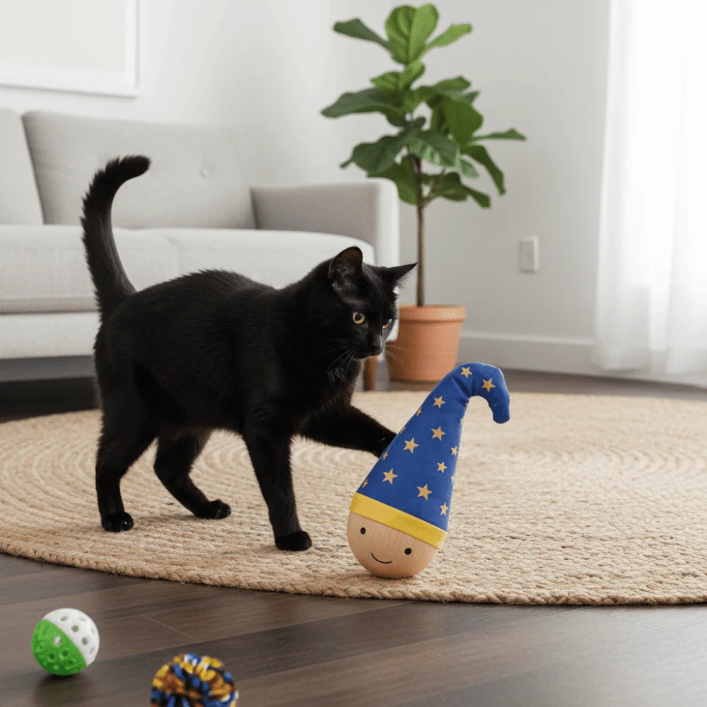Turkey Feather Cat Tumbler Toy — Self-Righting Wood Base with Teeth-Cleaning Texture
