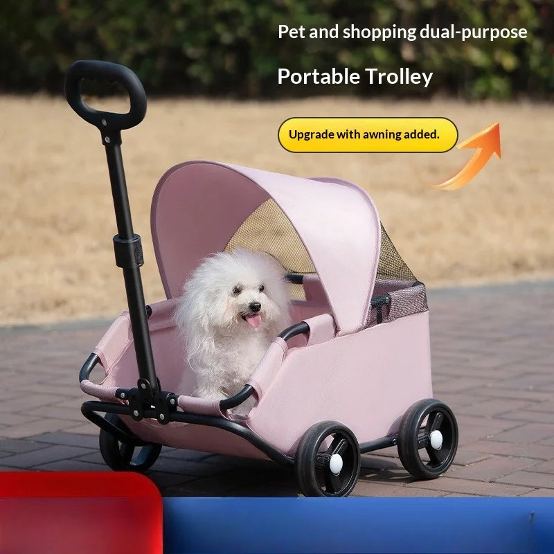 4-Wheel Pet Stroller with UV Protection Canopy, Mesh Window & Adjustable Push Handle
