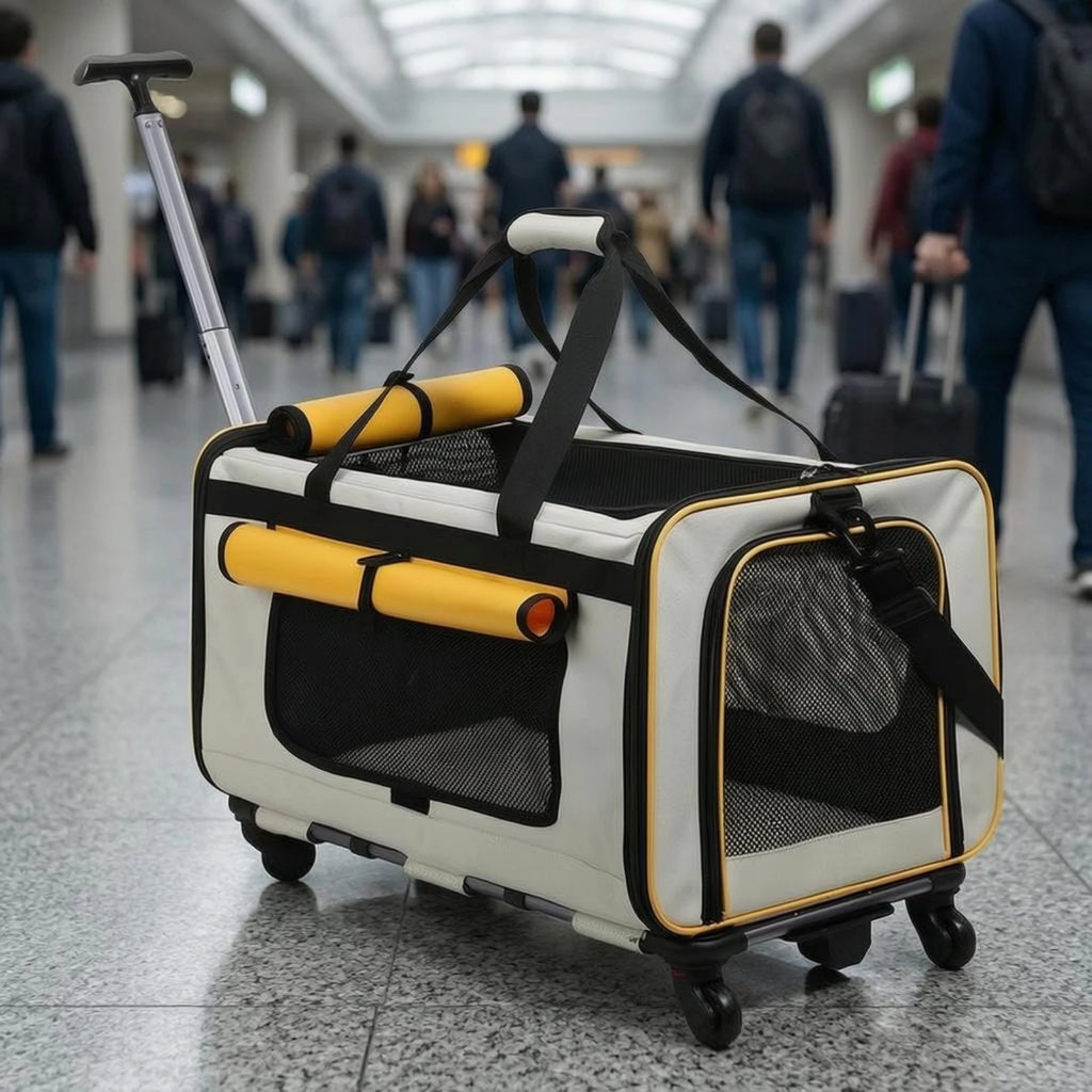 Collapsible Soft-Sided Pet Trolley Carrier with Telescoping Pull Rod & Carry Handles