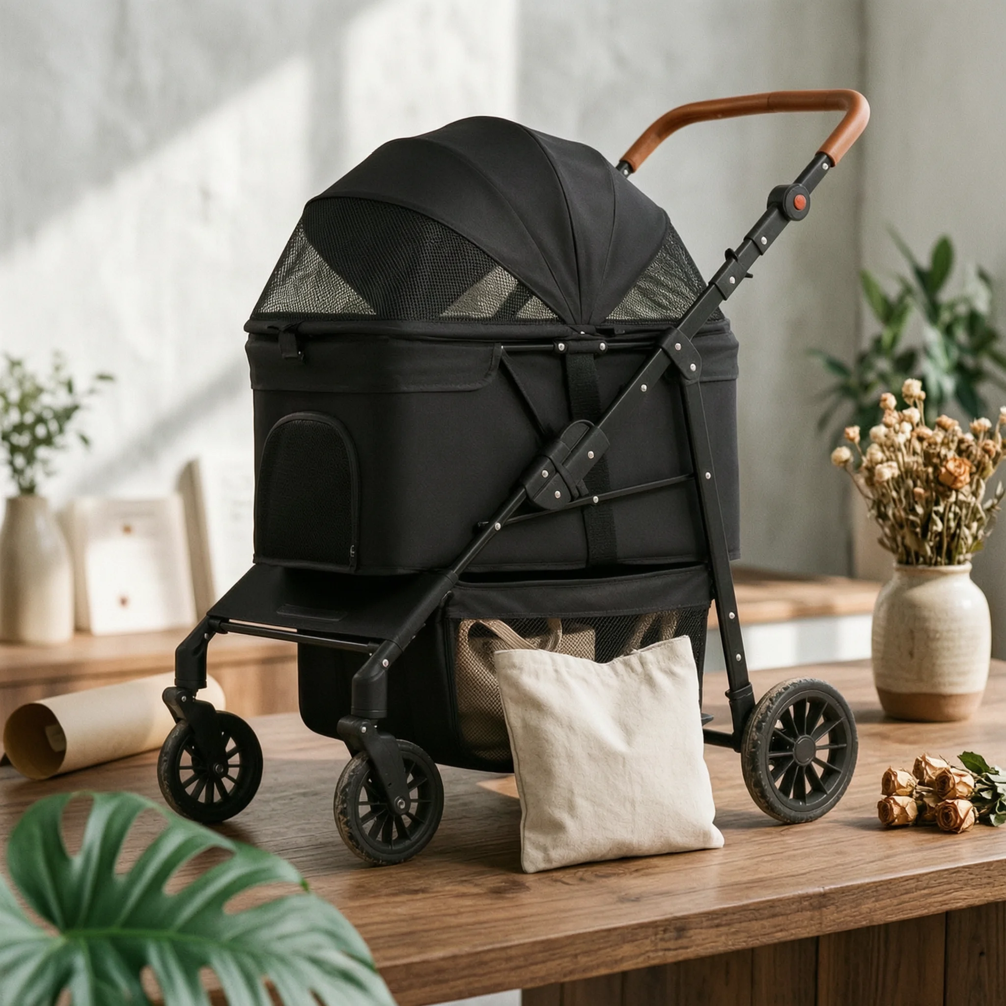 Multi-Function Foldable Large Dog Stroller Wagon with Breathable Mesh & 360° Swivel Wheels