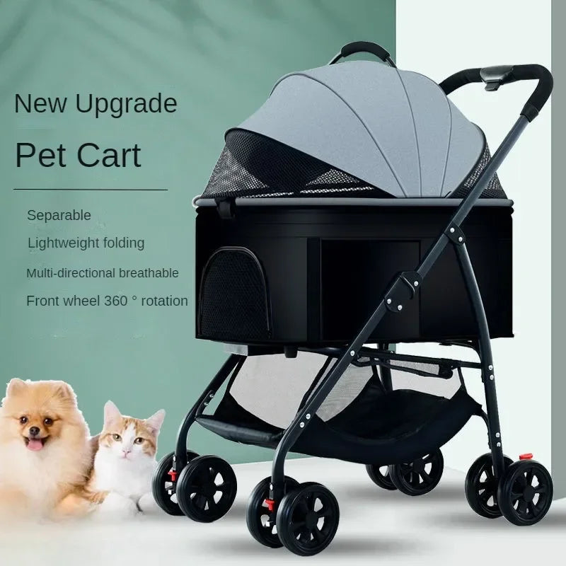 Portable Lightweight Foldable Pet Stroller with Detachable Cat Basket