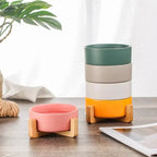 Elevated Ceramic Pet Bowl with Wood Stand