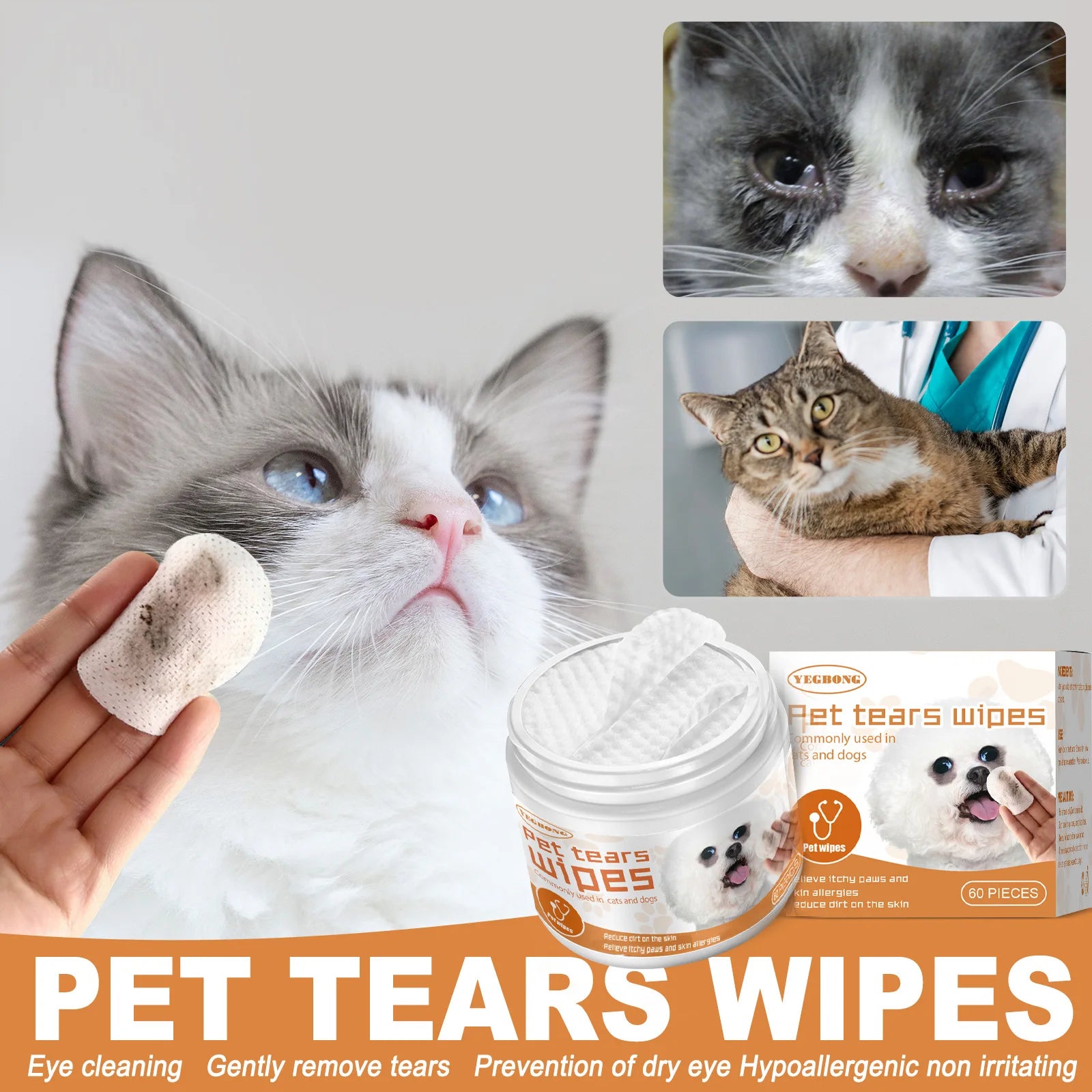 Pet Eye & Tear Stain Wipes — 60-Count Gentle Cleaning Pads
