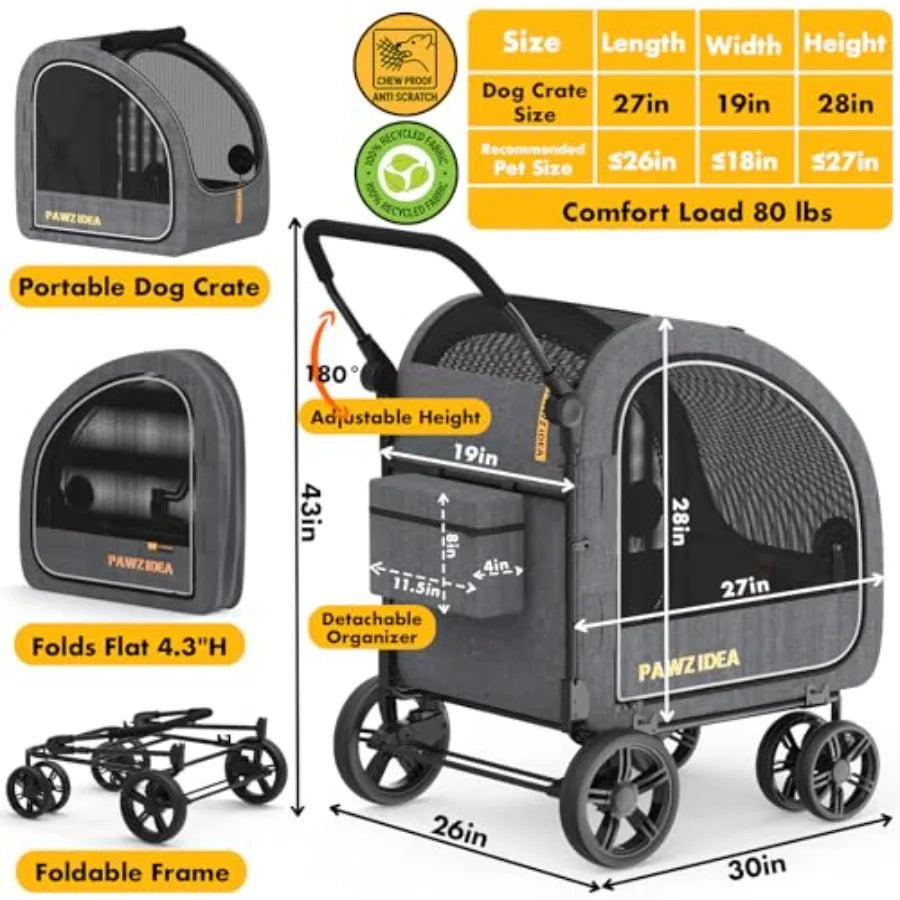 PAWZIDEA 3-in-1 Large Dog Stroller with Detachable Carrier for Dogs up to 80 lbs