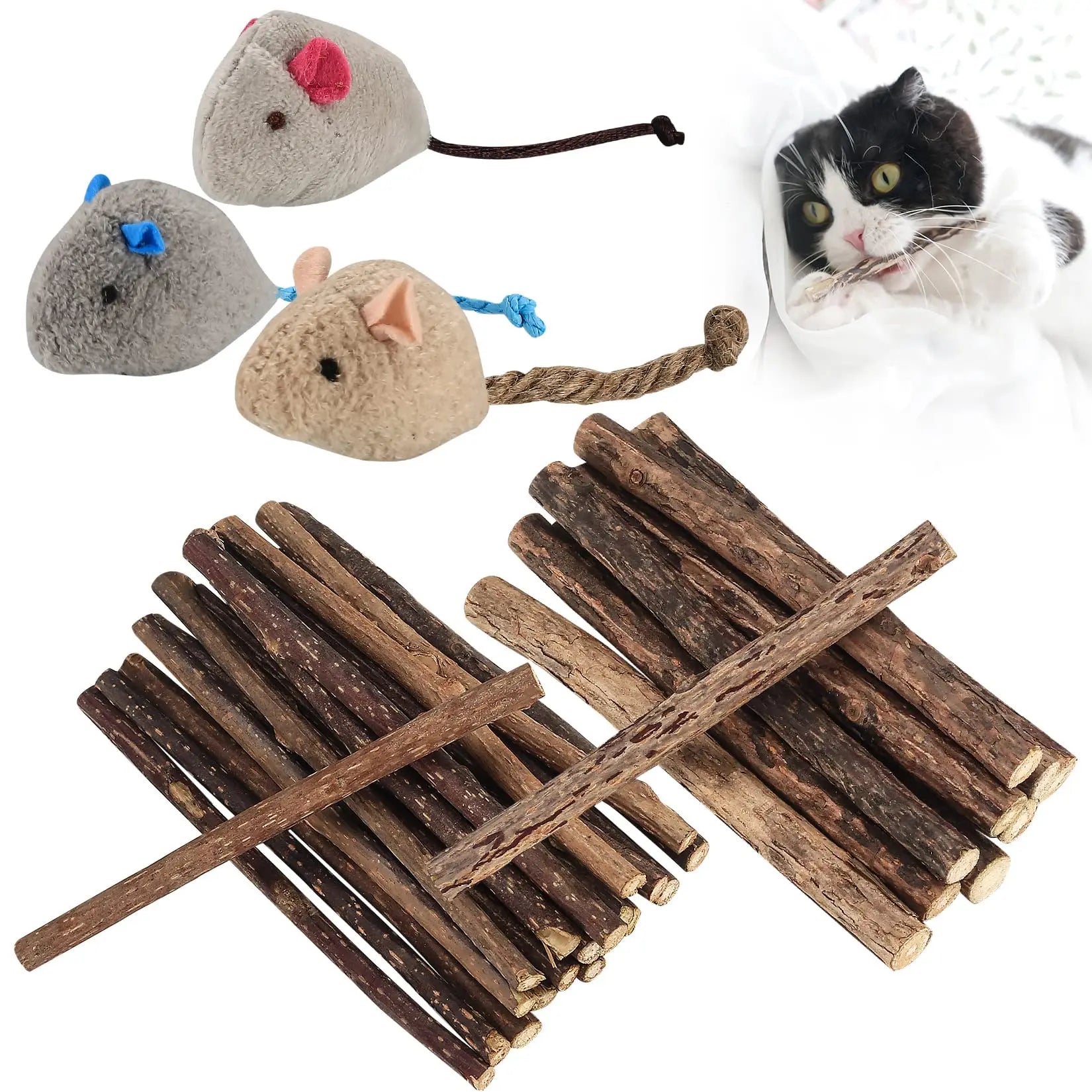 33-Pack Catnip & Silvervine Chew Sticks with 3 Bonus Mouse Toys — Natural Cat Dental Set