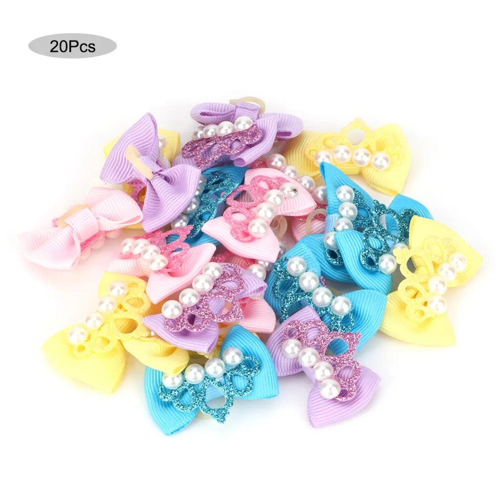 Crown Style Pet Hair Bow Ties 20-Pack (Cartoon, Soft Elastic Band)
