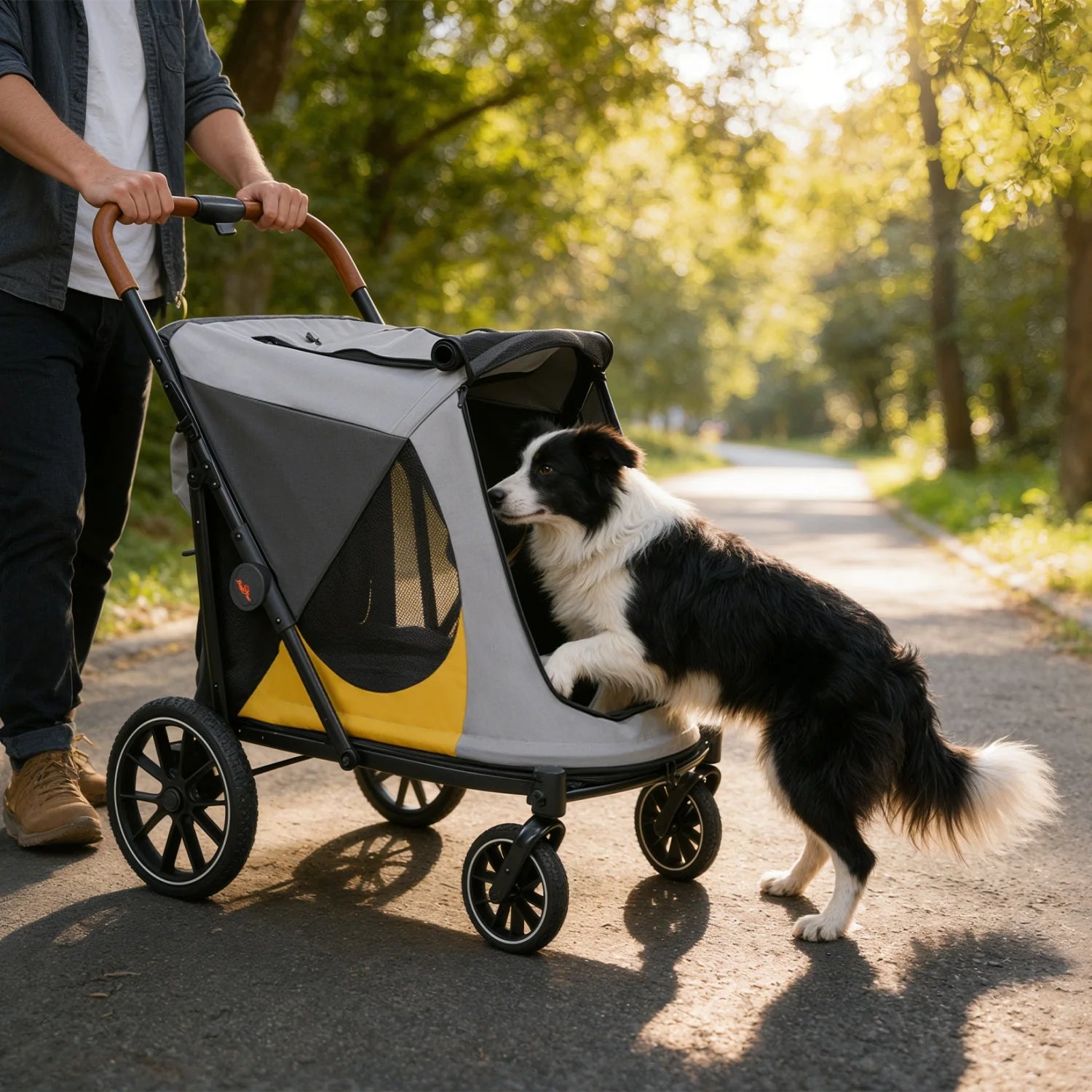 One-Click Folding 4-Wheel Jogger Wagon Stroller for Large Dogs with Storage Pockets