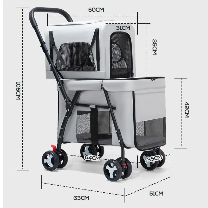 Lightweight Quick-Fold Double Pet Stroller with Detachable Carriers
