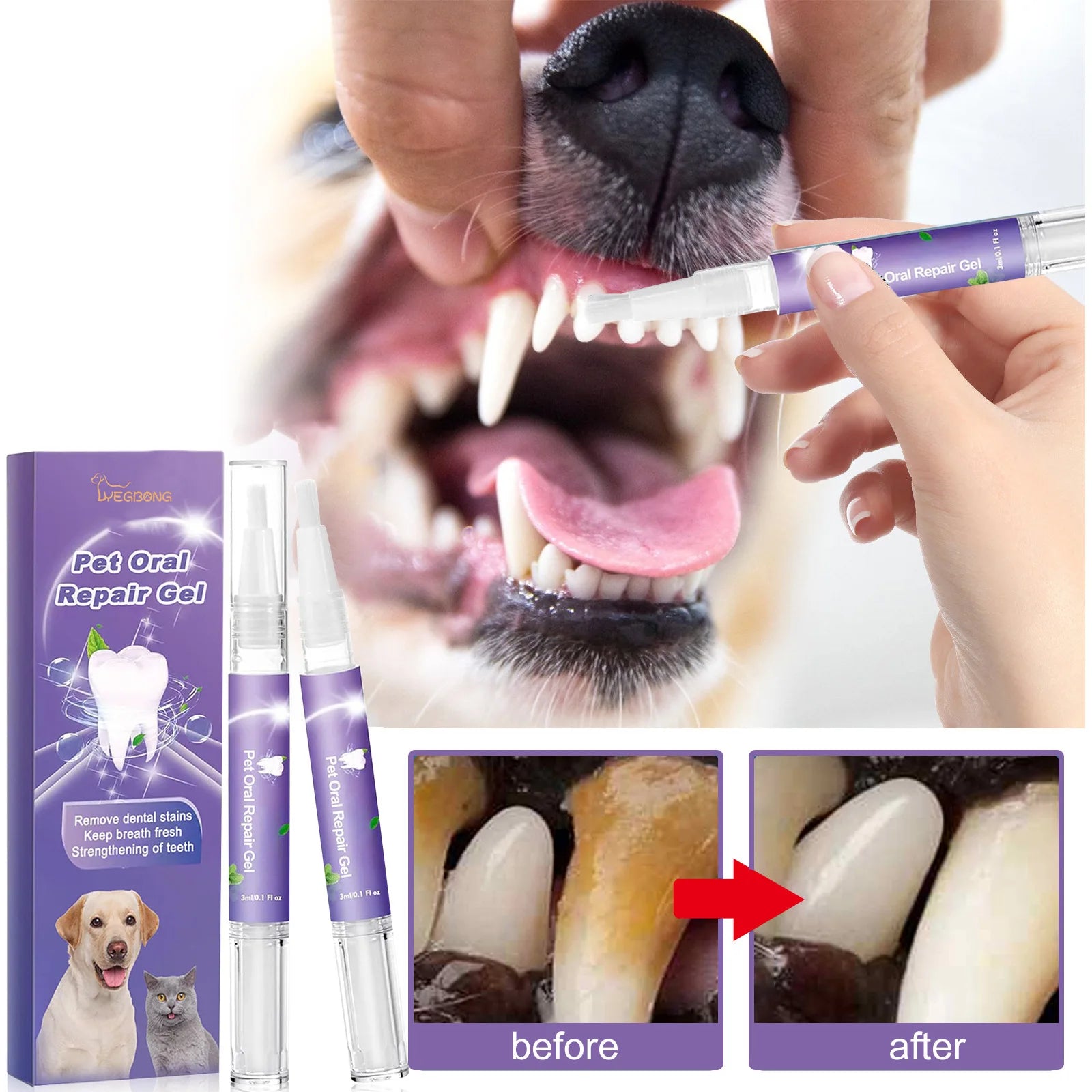 Dog Oral Repair Gel — Tartar Stain Remover & Breath Freshener, 3ml x 2