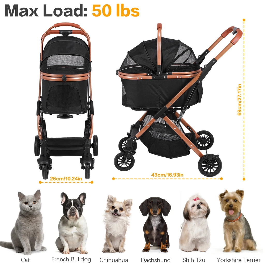All-Terrain Puppy Cage Jogger Stroller with Detachable Carrier & Sun Shades for Large Dogs