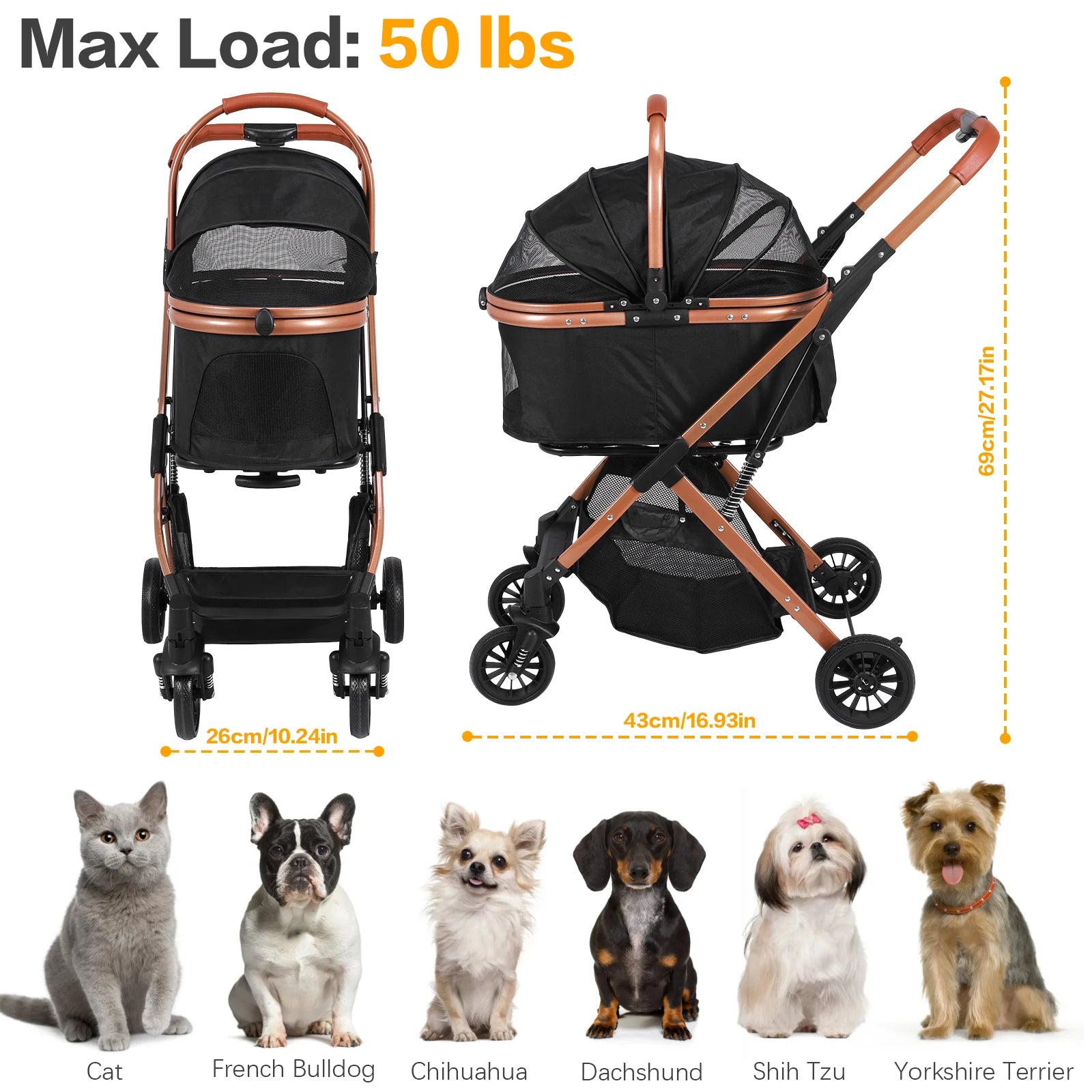 All-Terrain Puppy Cage Jogger Stroller with Detachable Carrier & Sun Shades for Large Dogs
